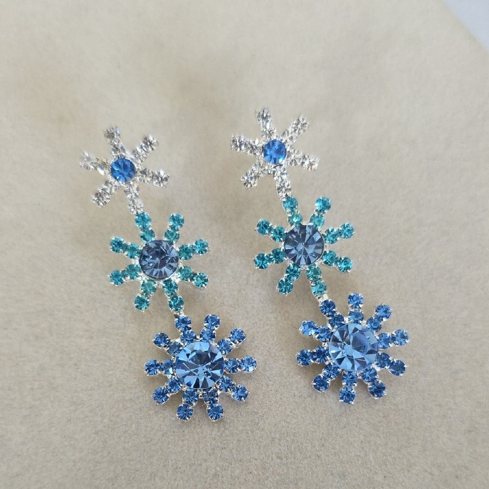 Silver with Blue Rhinestone Triple Snowflake Earrings